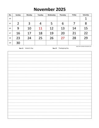 november 2025 calendar daily notes vertical