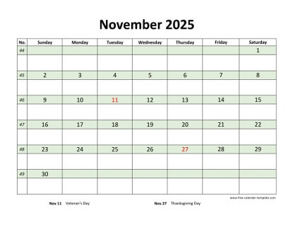 november 2025 calendar daycolored horizontal
