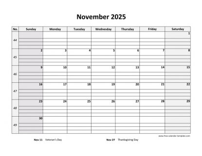 november 2025 calendar daygrid horizontal