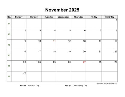 november 2025 calendar holidays horizontal