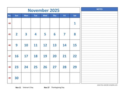 november 2025 calendar largenotes horizontal
