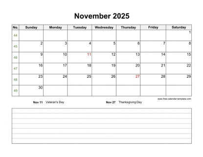november 2025 calendar notes horizontal