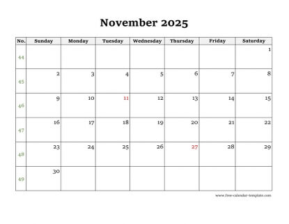 november 2025 calendar simple horizontal