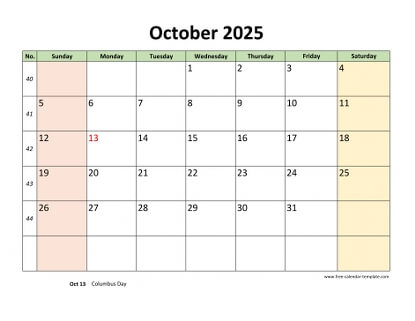 october 2025 calendar colored horizontal