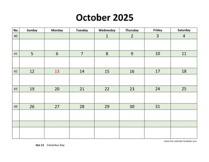 october 2025 calendar daycolored horizontal
