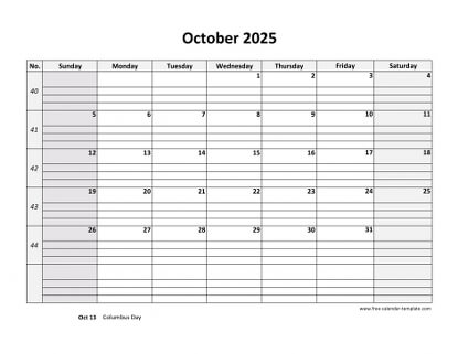 october 2025 calendar daygrid horizontal