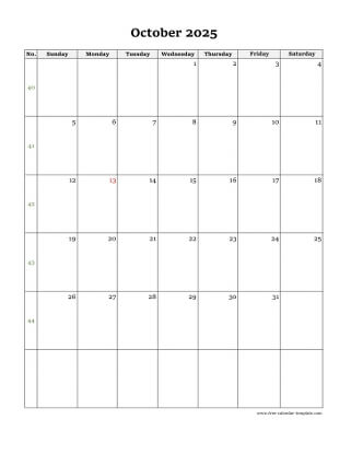 october 2025 calendar simple vertical
