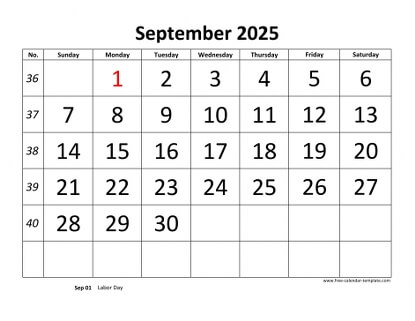 september 2025 calendar bigfont horizontal