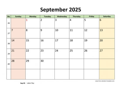 september 2025 calendar colored horizontal