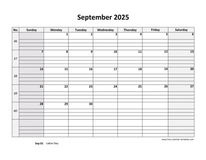 september 2025 calendar daygrid horizontal