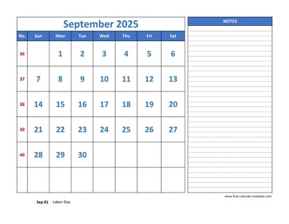 september 2025 calendar largenotes horizontal
