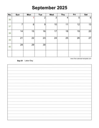 september 2025 calendar notes vertical