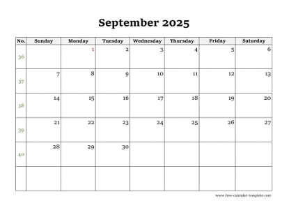 september 2025 calendar simple horizontal