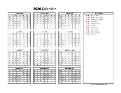 2026 calendar holidays right horizontal