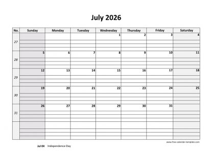 july 2026 calendar daygrid horizontal