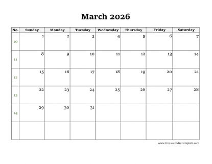 march 2026 calendar simple horizontal