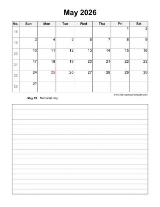 may 2026 calendar notes vertical