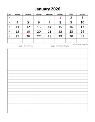 monthly 2026 calendar daily notes vertical