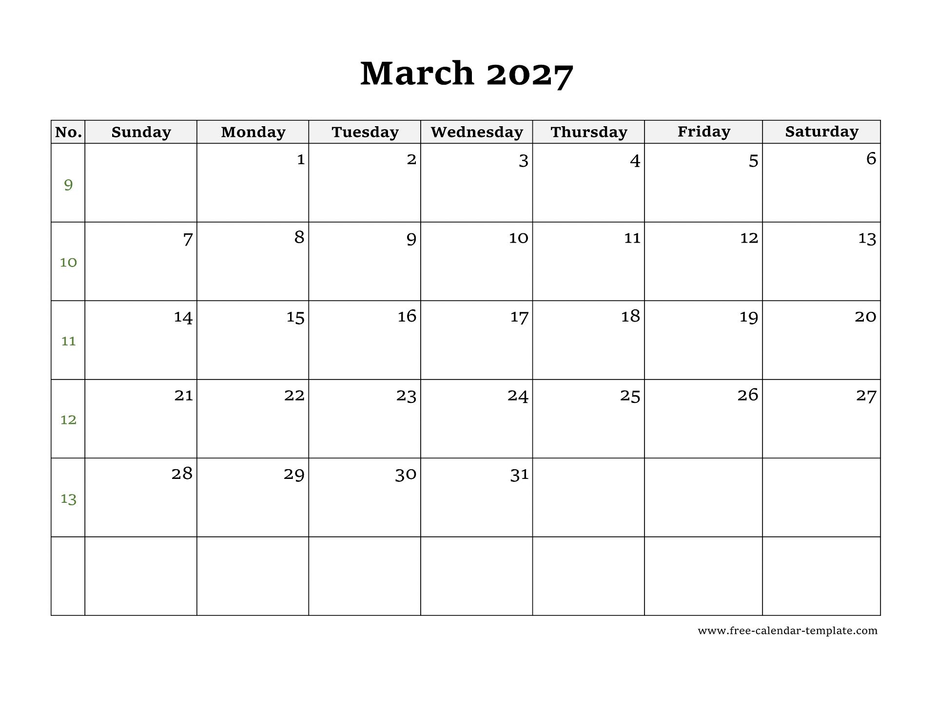 Simple March Calendar 2027 large box on each day for notes. | Free ...