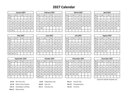 2027 calendar holidays bottom horizontal