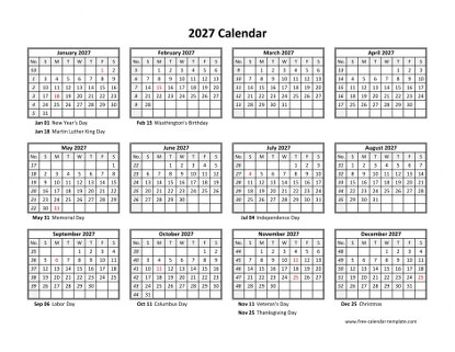 2027 calendar holidays month horizontal
