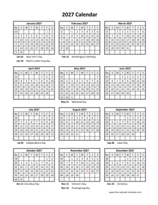 2027 calendar holidays month vertical