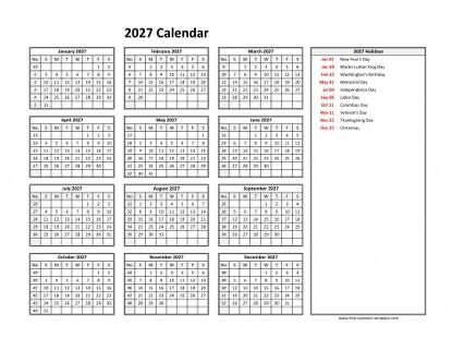 2027 calendar holidays right horizontal