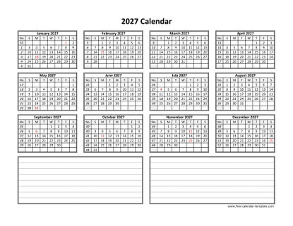 2027 calendar notes horizontal