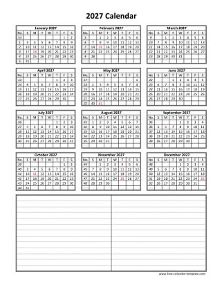 2027 calendar notes vertical