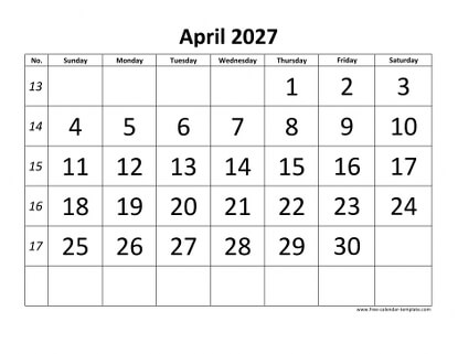 april 2027 calendar bigfont horizontal