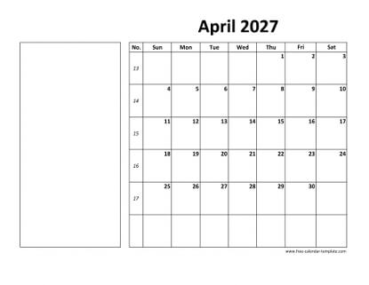 april 2027 calendar boxnotes horizontal