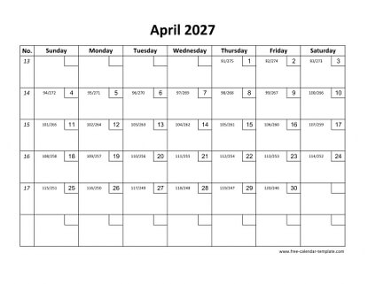 april 2027 calendar checkboxes horizontal