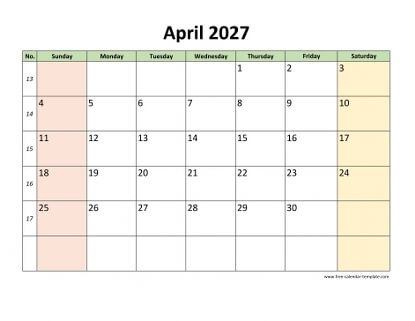 april 2027 calendar colored horizontal