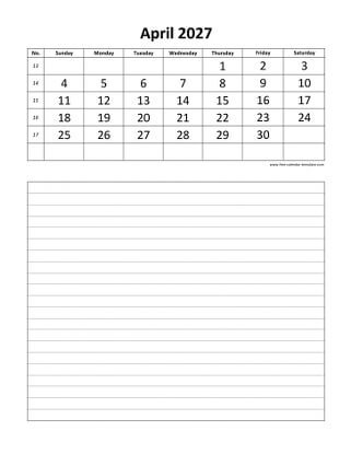 april 2027 calendar daily notes vertical