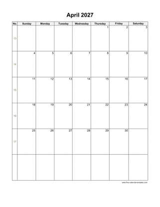 Printable 2027 April Calendar grid lines for daily notes (vertical ...