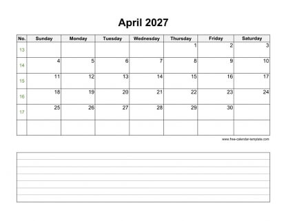 april 2027 calendar notes horizontal