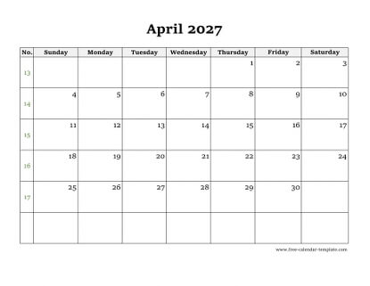 april 2027 calendar simple horizontal