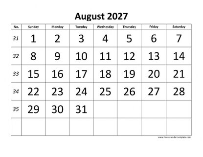 august 2027 calendar bigfont horizontal