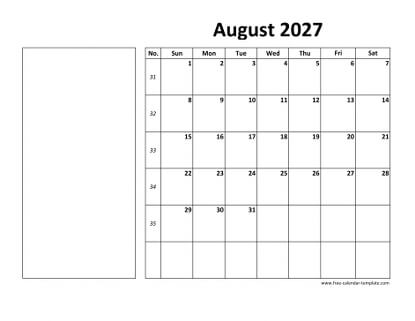 august 2027 calendar boxnotes horizontal