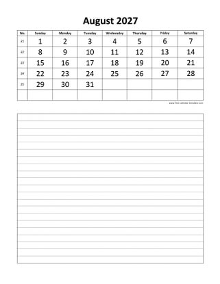 august 2027 calendar daily notes vertical