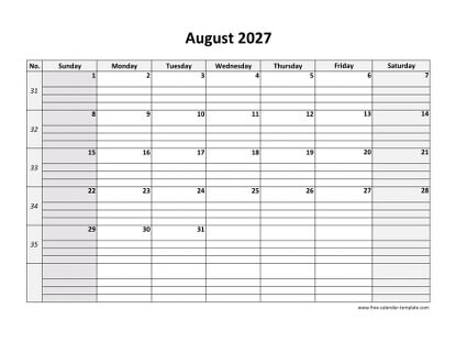august 2027 calendar daygrid horizontal