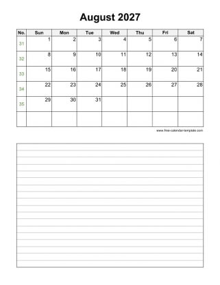august 2027 calendar notes vertical
