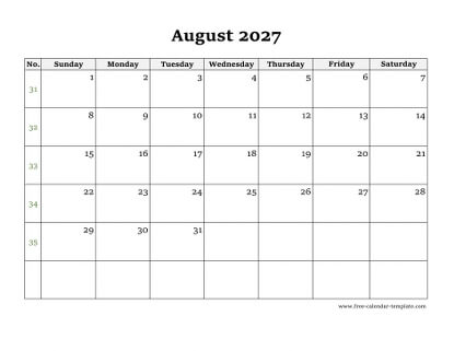 august 2027 calendar simple horizontal