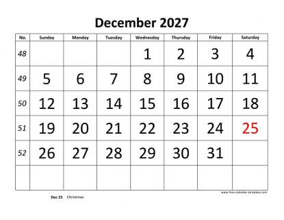 december 2027 calendar bigfont horizontal