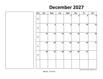 december 2027 calendar boxnotes horizontal