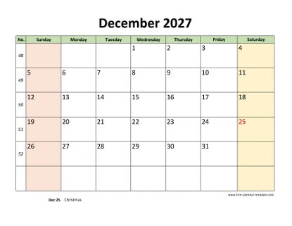 december 2027 calendar colored horizontal