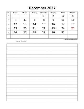december 2027 calendar daily notes vertical