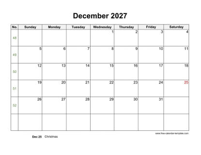 december 2027 calendar holidays horizontal