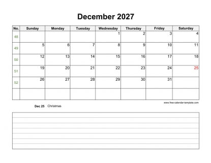december 2027 calendar notes horizontal