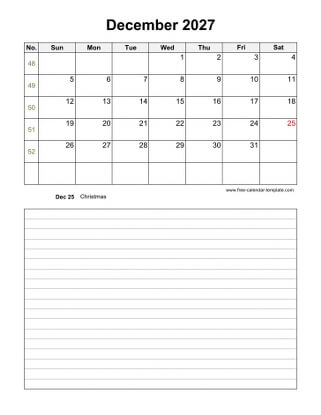december 2027 calendar notes vertical